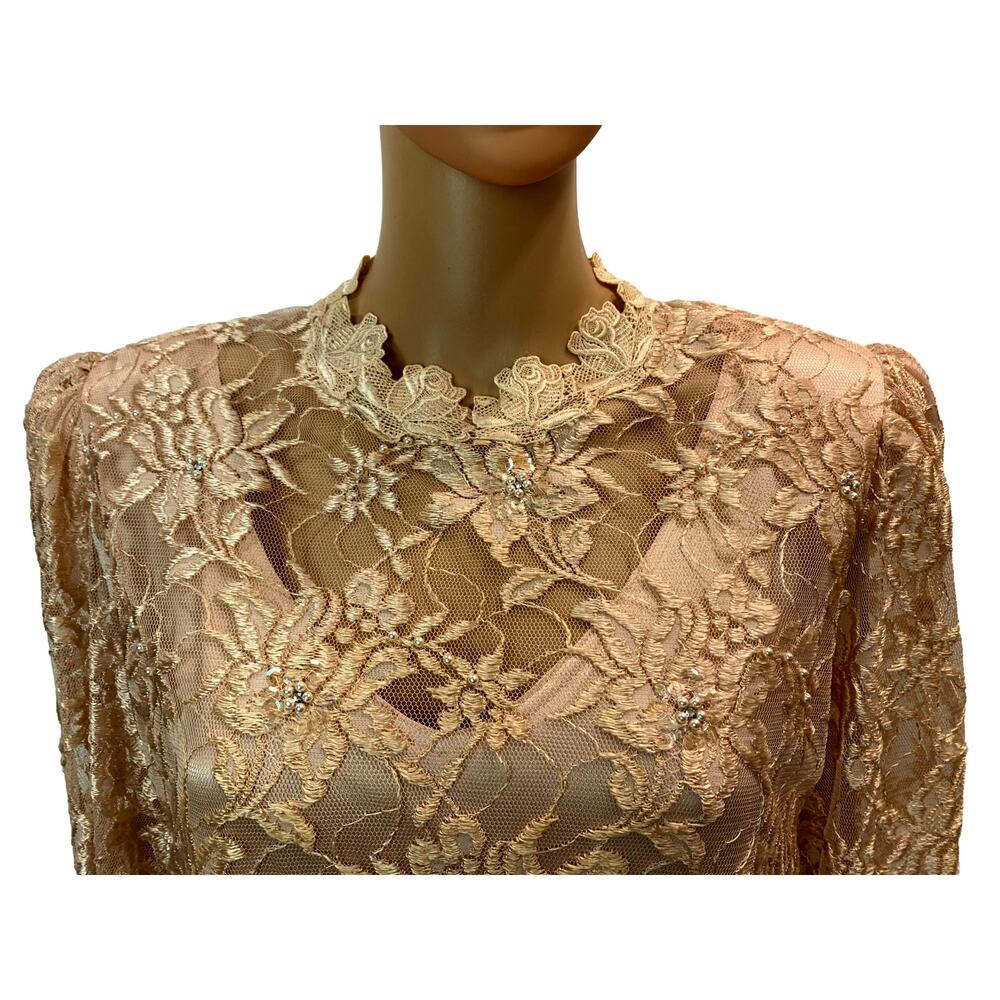 Vintage 80s Lace Bridal Dress Champagne Romantic Victorian Drop Waist - Picture 4 of 14
